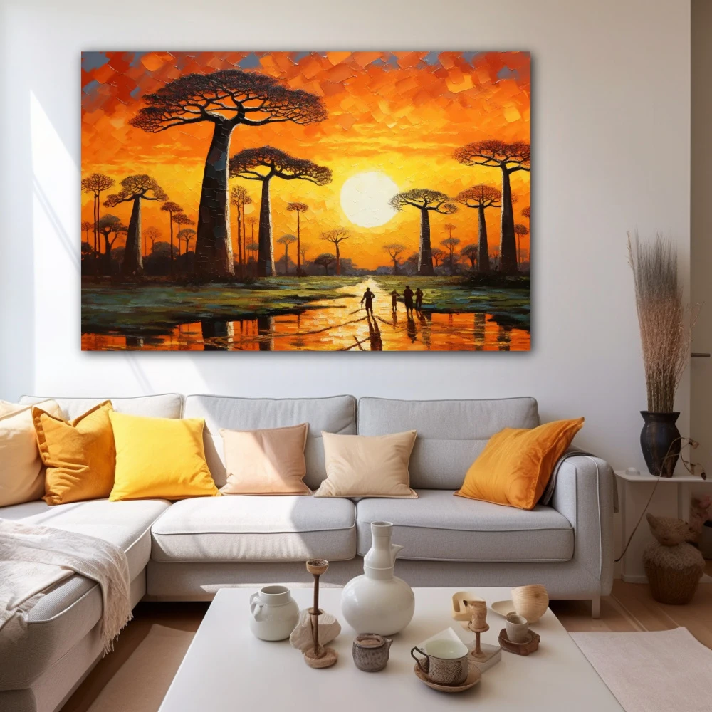 Cuadro la avenida de los baobabs en formato horizontal con colores amarillo, marrón, naranja; decorando pared blanca