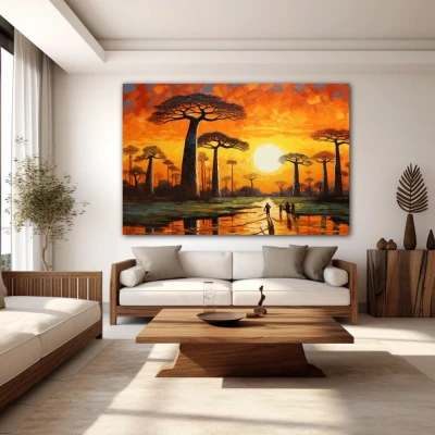 Wall Art titled: The Avenue of the Baobabs in a  format with: Yellow, Brown, and Orange Colors; Decoration the White Wall wall