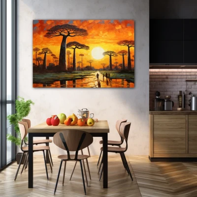Wall Art titled: The Avenue of the Baobabs in a  format with: Yellow, Brown, and Orange Colors; Decoration the Kitchen wall