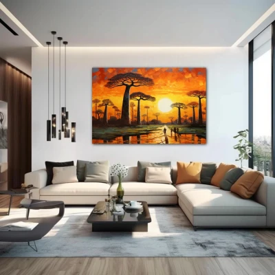Wall Art titled: The Avenue of the Baobabs in a Horizontal format with: Yellow, Brown, and Orange Colors; Decoration the Above Couch wall