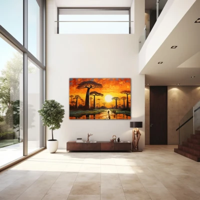 Wall Art titled: The Avenue of the Baobabs in a  format with: Yellow, Brown, and Orange Colors; Decoration the Entryway wall