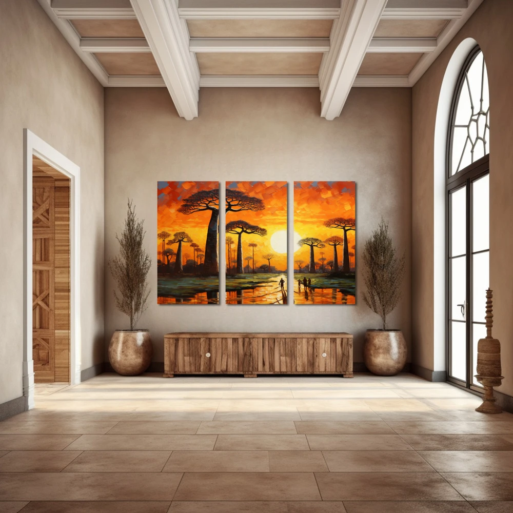 Wall Art titled: The Avenue of the Baobabs in a Horizontal format with: Yellow, Brown, and Orange Colors; Decoration the Entryway wall