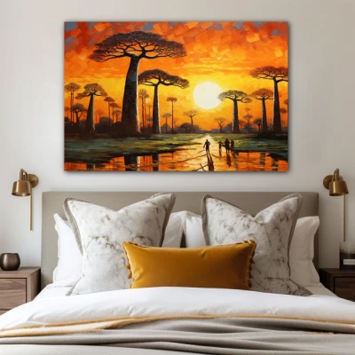 Wall Art titled: The Avenue of the Baobabs in a Horizontal format with: Yellow, Brown, and Orange Colors; Decoration the Bedroom wall