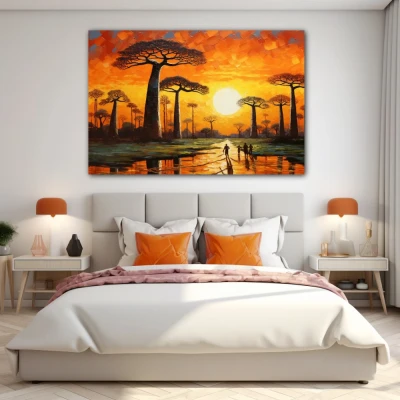 Wall Art titled: The Avenue of the Baobabs in a  format with: Yellow, Brown, and Orange Colors; Decoration the Bedroom wall