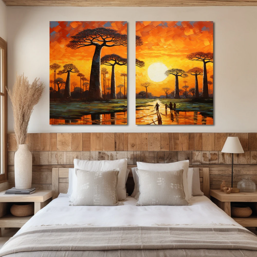 Cuadro la avenida de los baobabs en formato díptico con colores amarillo, marrón, naranja; decorando pared de habitación dormitorio