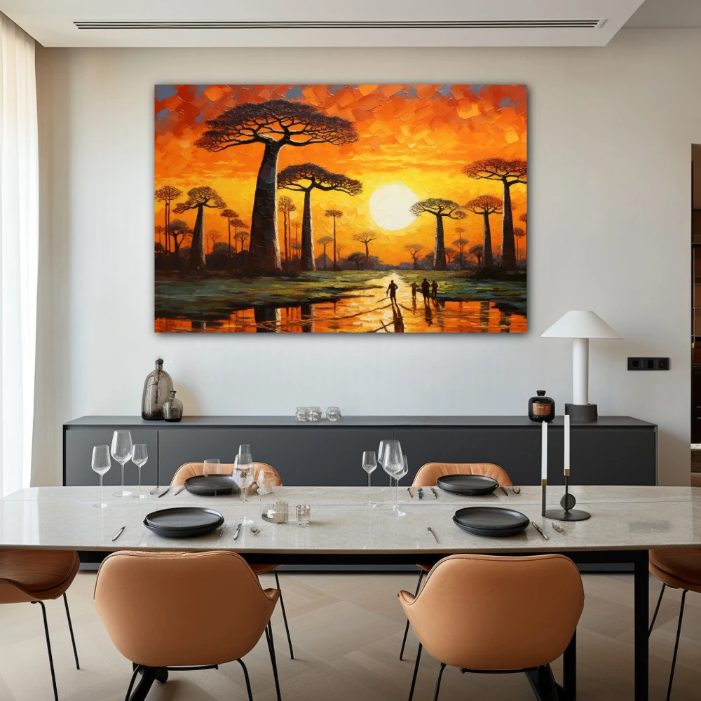 Cuadro la avenida de los baobabs en formato horizontal con colores amarillo, marrón, naranja; decorando pared de salón comedor