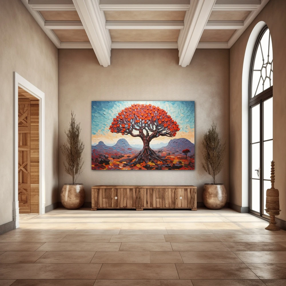Wall Art titled: Soul of Tinerfeño in a Horizontal format with: Sky blue, Red, and Violet Colors; Decoration the Entryway wall