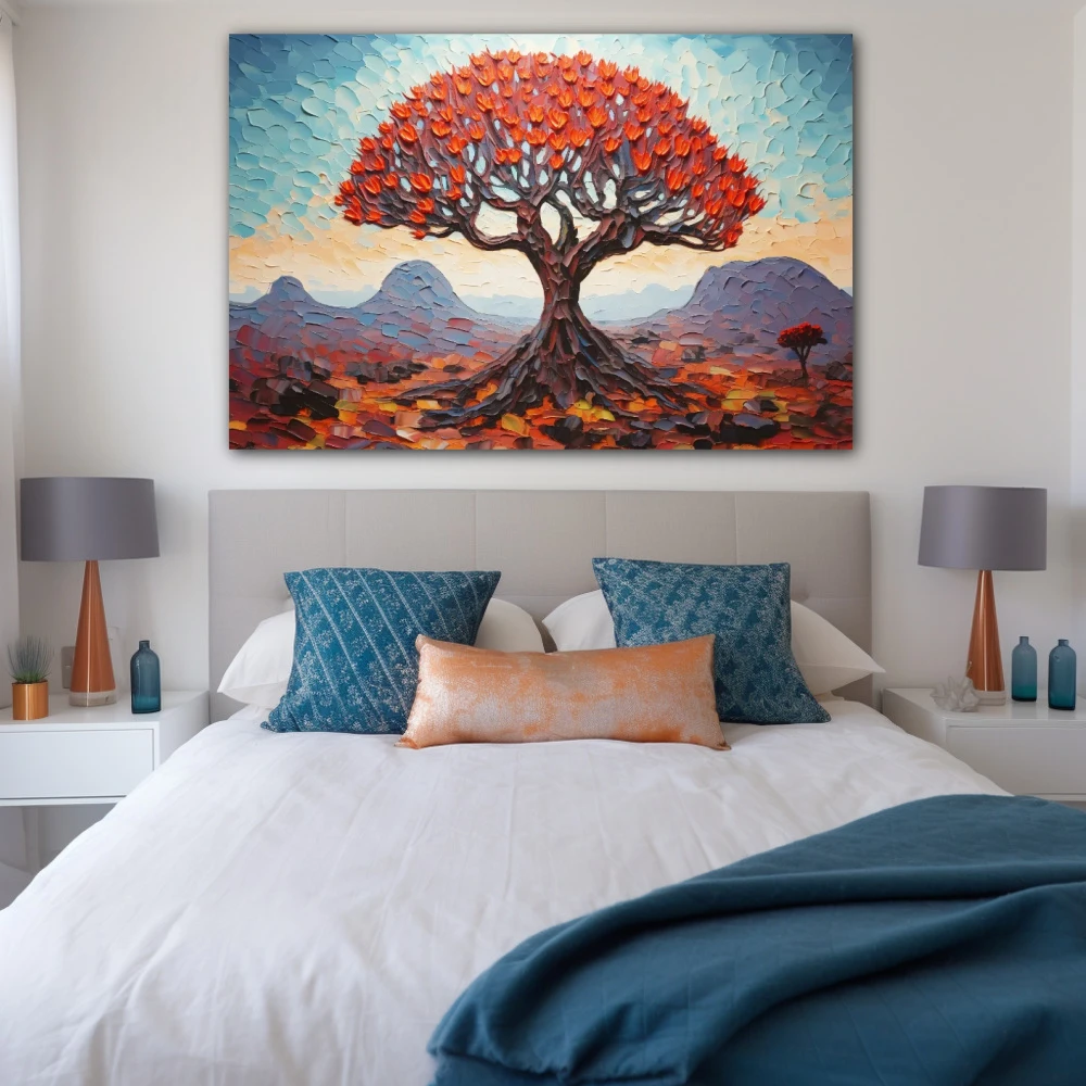 Wall Art titled: Soul of Tinerfeño in a Horizontal format with: Sky blue, Red, and Violet Colors; Decoration the Bedroom wall