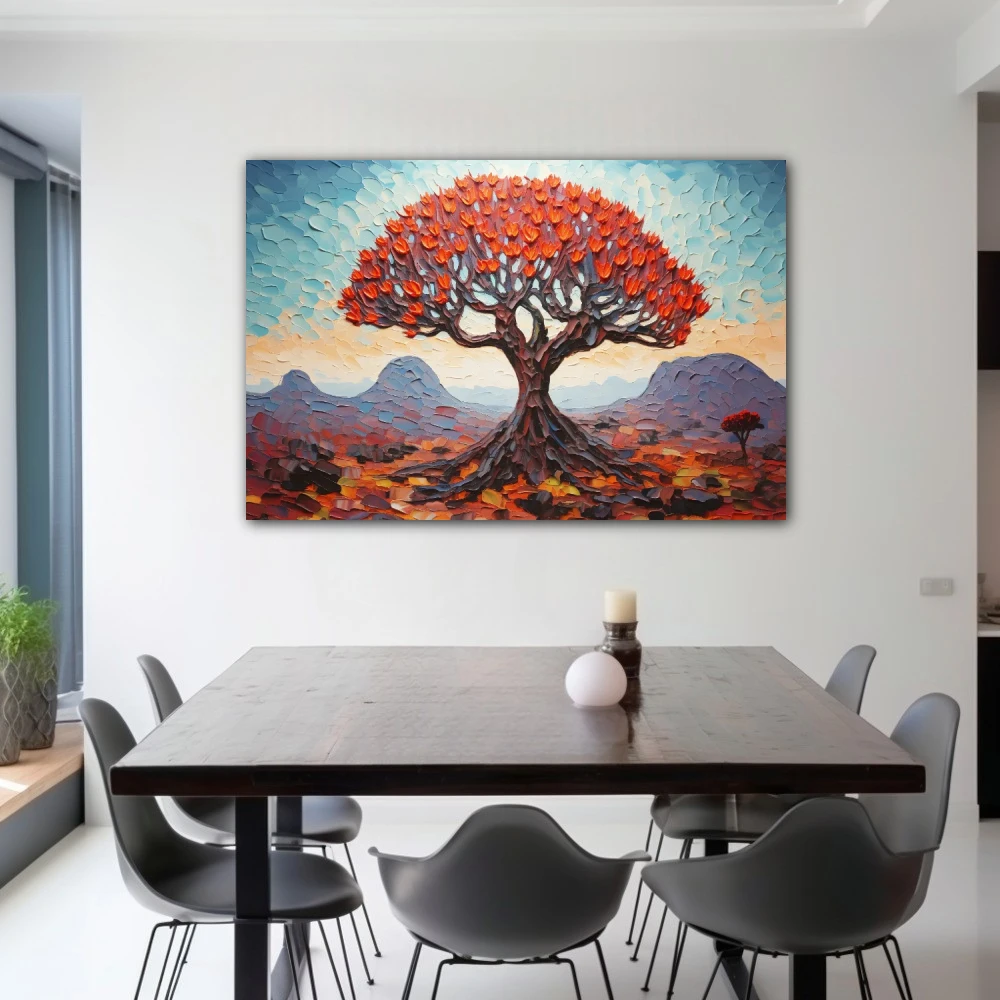 Wall Art titled: Soul of Tinerfeño in a Horizontal format with: Sky blue, Red, and Violet Colors; Decoration the Living Room wall