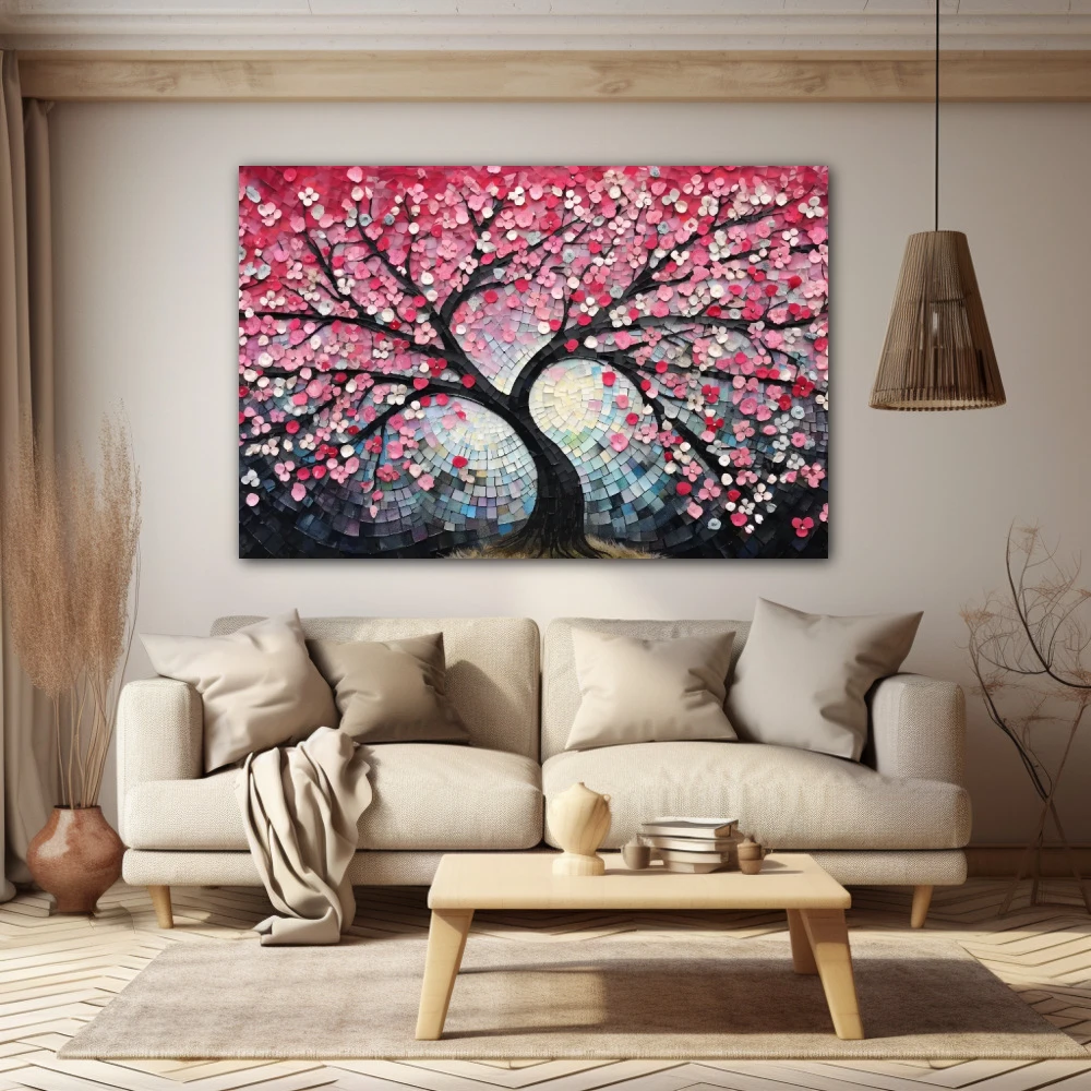 Cuadro matices del cerezo primaveral en formato horizontal con colores celeste, rosa, pastel; decorando pared beige