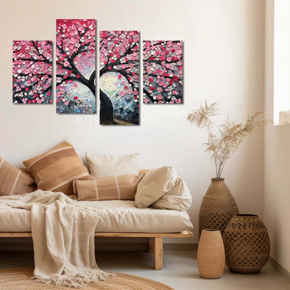 Cuadro matices del cerezo primaveral en formato políptico con colores celeste, rosa, pastel; decorando pared beige