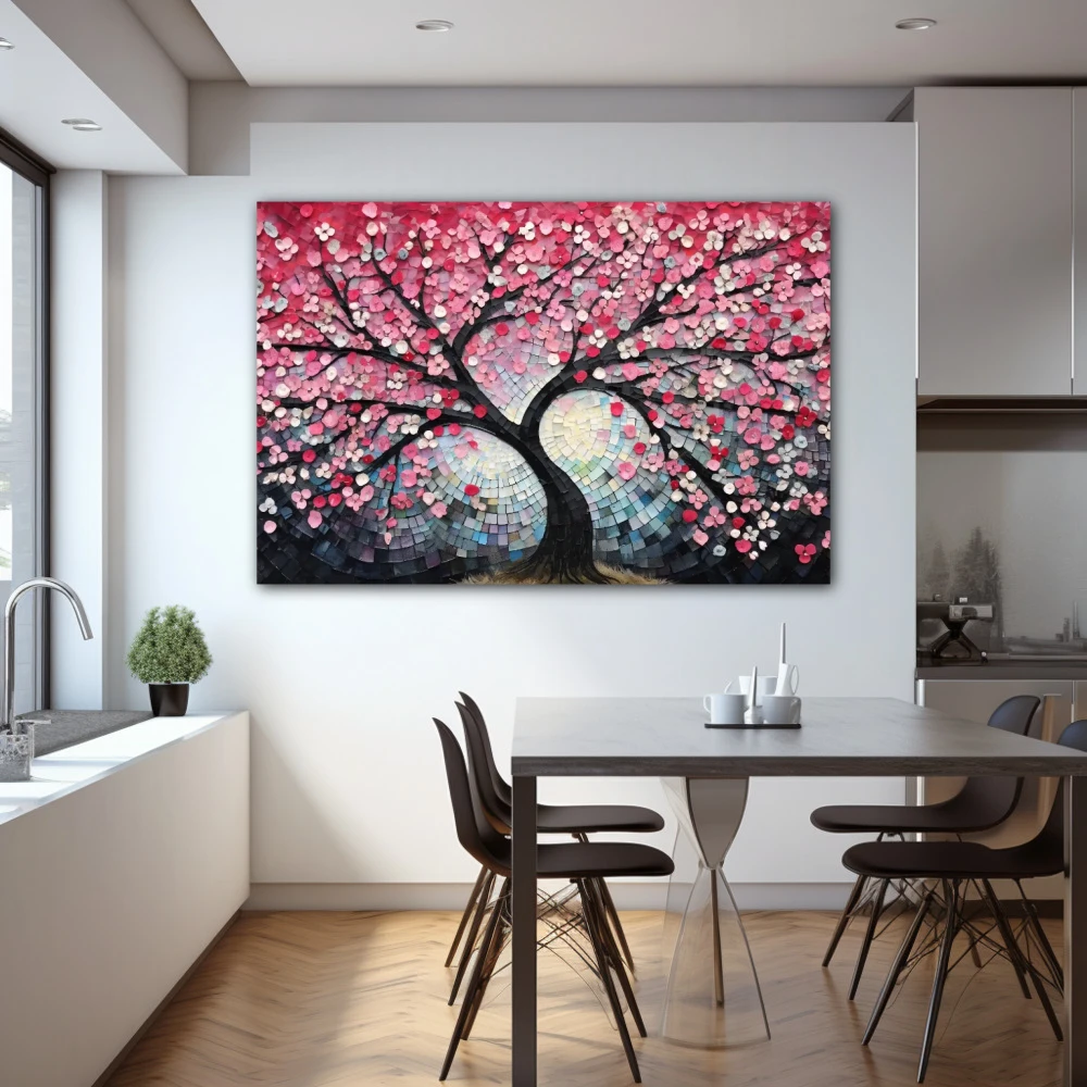 Cuadro matices del cerezo primaveral en formato horizontal con colores celeste, rosa, pastel; decorando pared de cocina