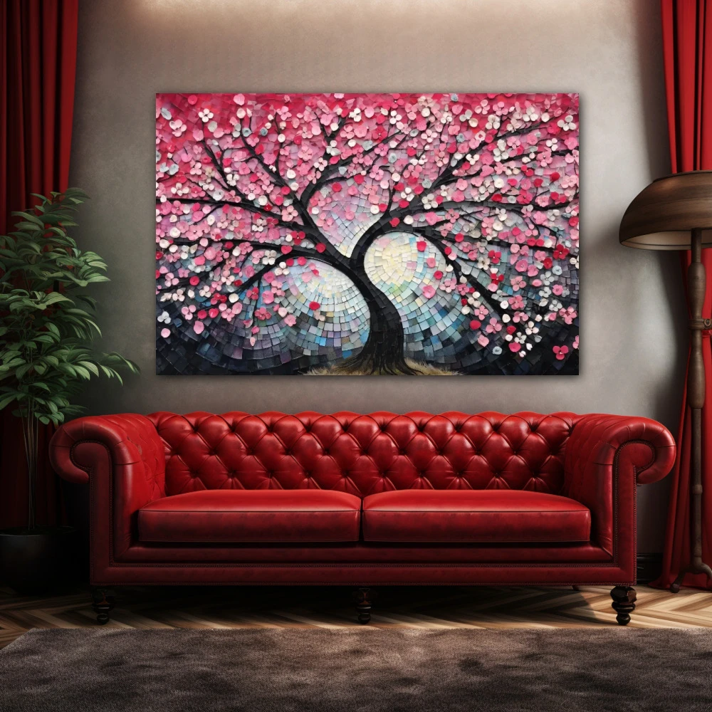 Cuadro matices del cerezo primaveral en formato horizontal con colores celeste, rosa, pastel; decorando pared de encima del sofá