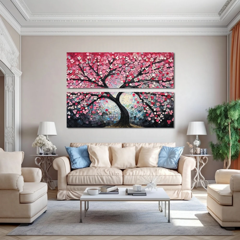 Cuadro matices del cerezo primaveral en formato díptico con colores celeste, rosa, pastel; decorando pared de encima del sofá