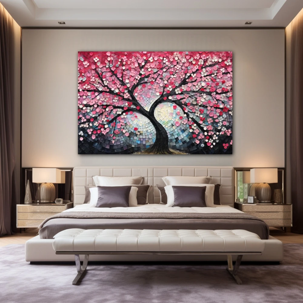 Cuadro matices del cerezo primaveral en formato horizontal con colores celeste, rosa, pastel; decorando pared de habitación dormitorio