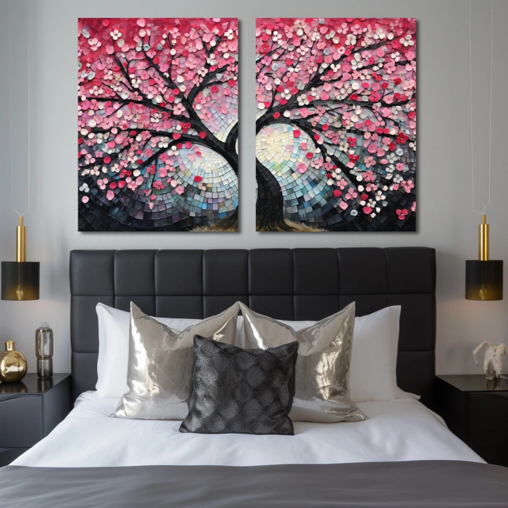 Cuadro matices del cerezo primaveral en formato díptico con colores celeste, rosa, pastel; decorando pared de habitación dormitorio
