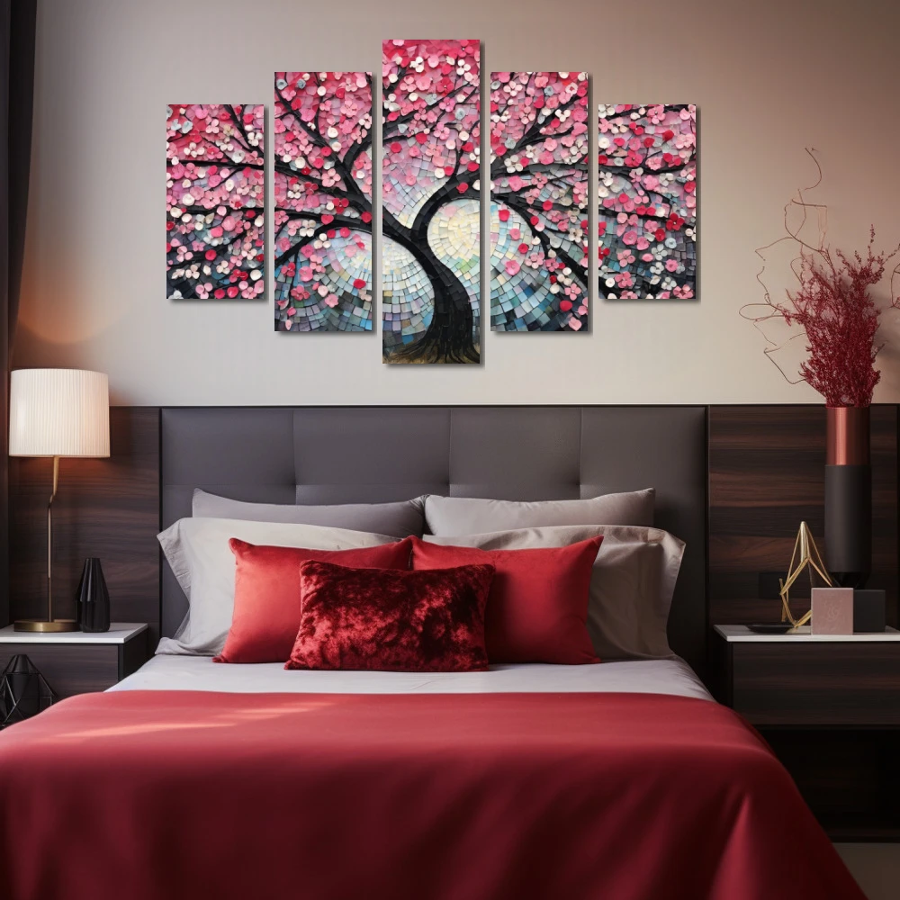 Cuadro matices del cerezo primaveral en formato políptico con colores celeste, rosa, pastel; decorando pared de habitación dormitorio