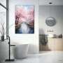 Wall Art titled: Singing Stream in a Vertical format with: Blue, and Pink Colors; Decoration the Bathroom wall