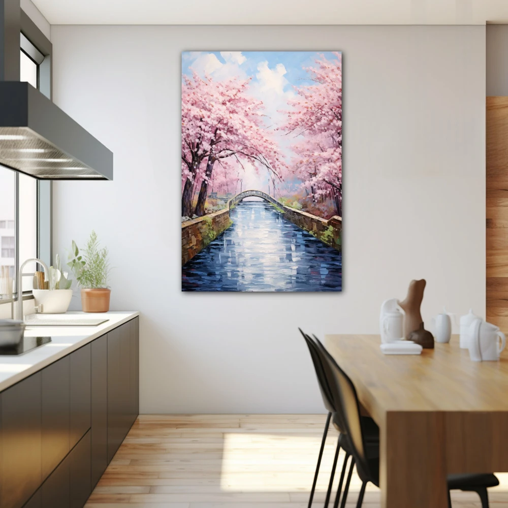 Wall Art titled: Singing Stream in a Vertical format with: Blue, and Pink Colors; Decoration the Kitchen wall