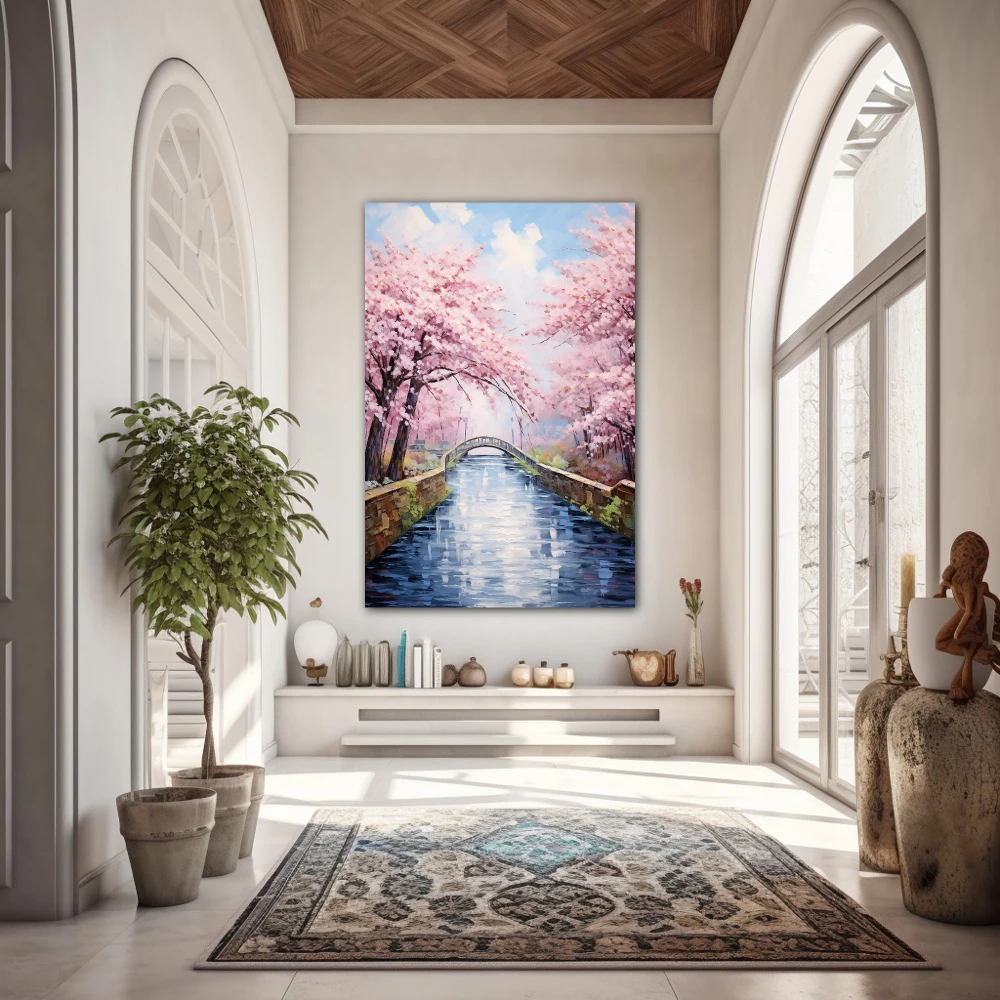 Wall Art titled: Singing Stream in a Vertical format with: Blue, and Pink Colors; Decoration the Entryway wall