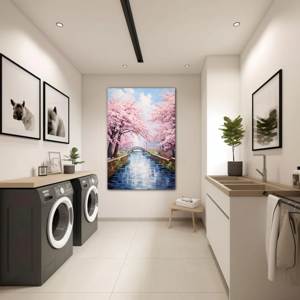 Wall Art titled: Singing Stream in a Vertical format with: Blue, and Pink Colors; Decoration the Laundry wall