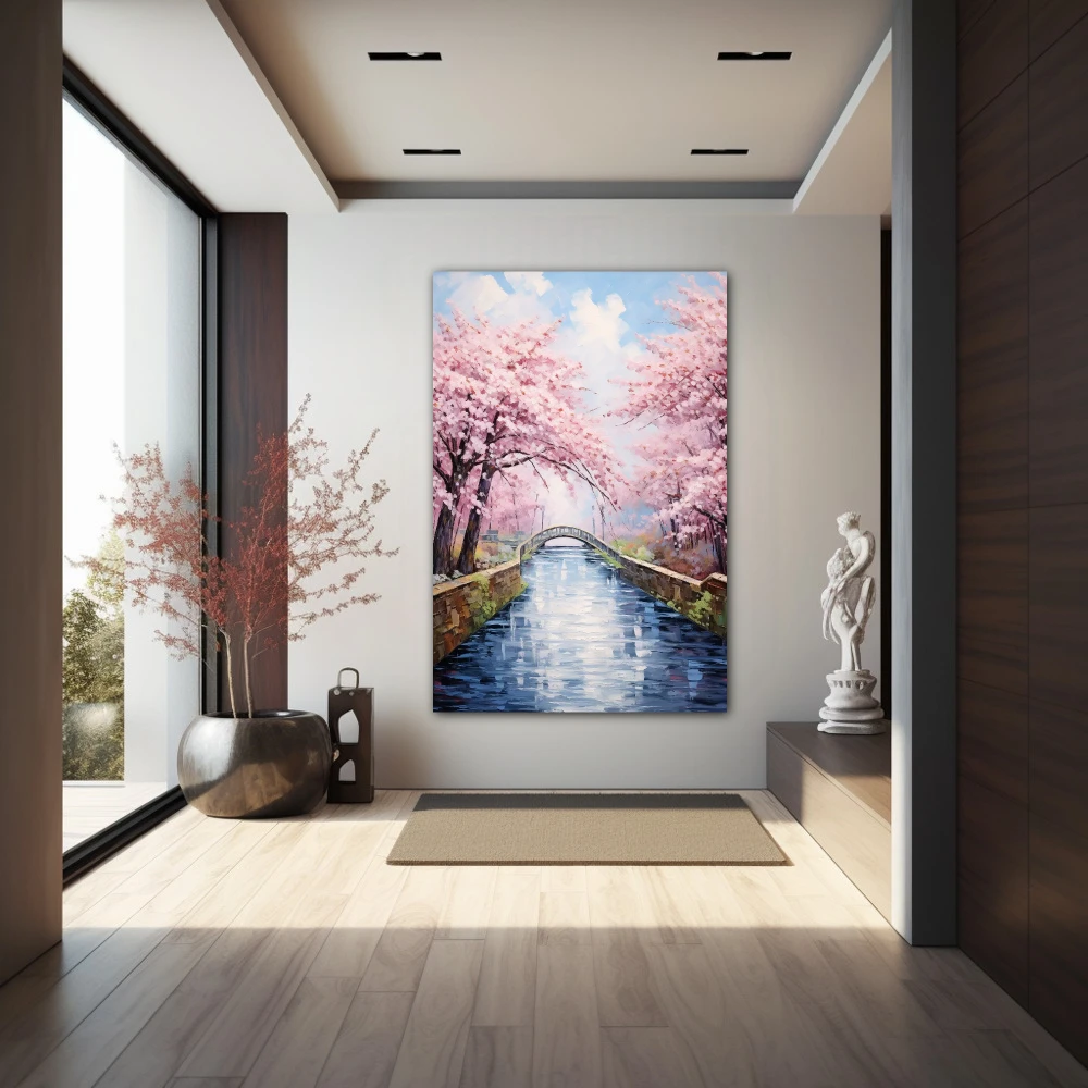 Wall Art titled: Singing Stream in a Vertical format with: Blue, and Pink Colors; Decoration the Hallway wall