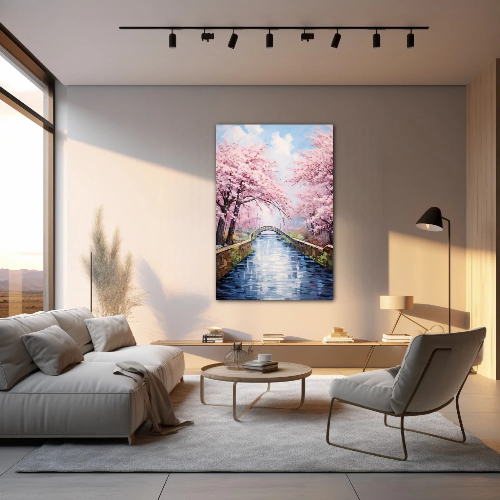 Wall Art titled: Singing Stream in a Vertical format with: Blue, and Pink Colors; Decoration the Living Room wall