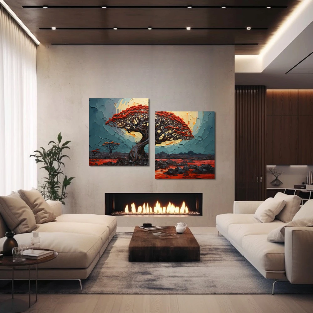 Wall Art titled: Drago under the lunar essence in a Horizontal format with: Black, and Red Colors; Decoration the Fireplace wall