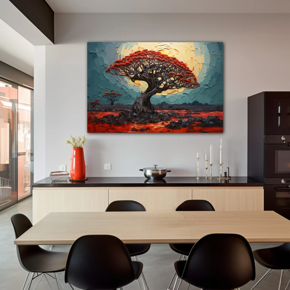 Wall Art titled: Drago under the lunar essence in a Horizontal format with: Black, and Red Colors; Decoration the Kitchen wall