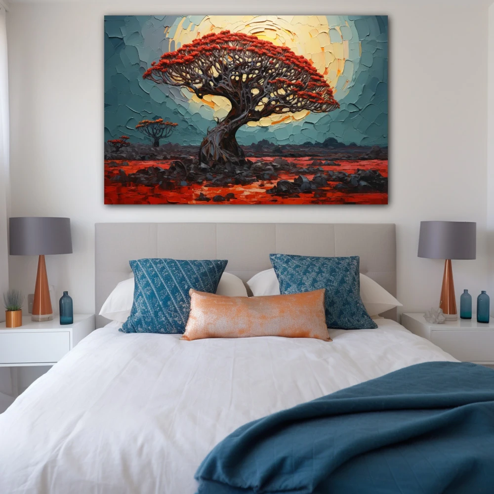 Wall Art titled: Drago under the lunar essence in a Horizontal format with: Black, and Red Colors; Decoration the Bedroom wall