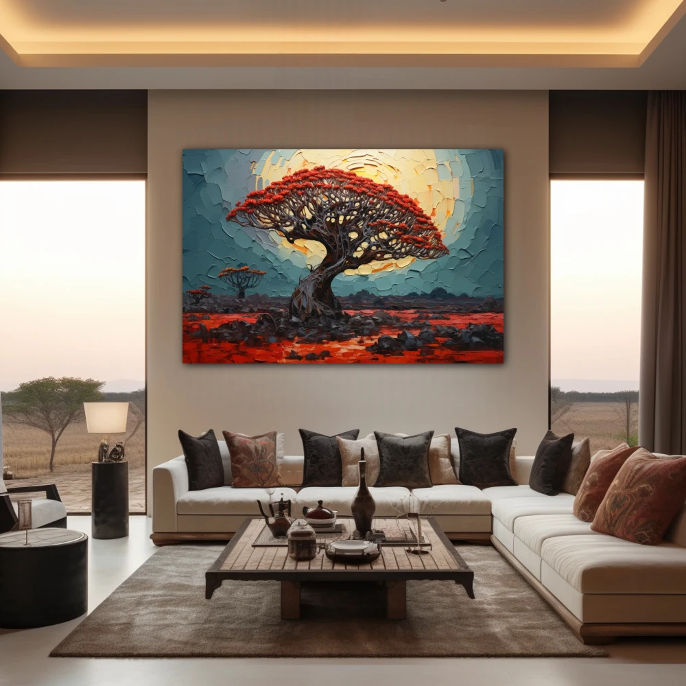 Wall Art titled: Drago under the lunar essence in a Horizontal format with: Black, and Red Colors; Decoration the Living Room wall