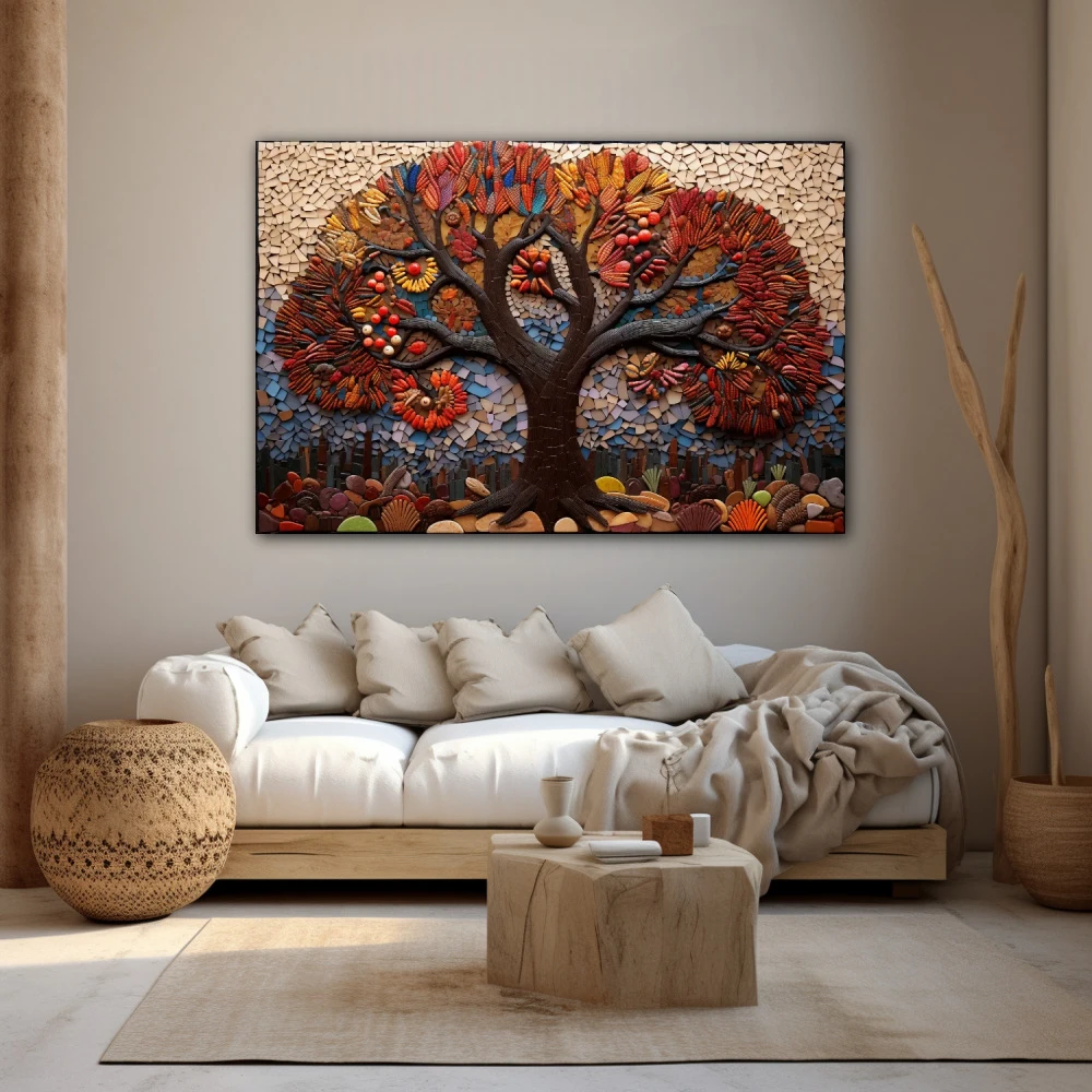 Wall Art titled: The Roots of Existence in a Horizontal format with: Brown, Red, and Beige Colors; Decoration the Beige Wall wall