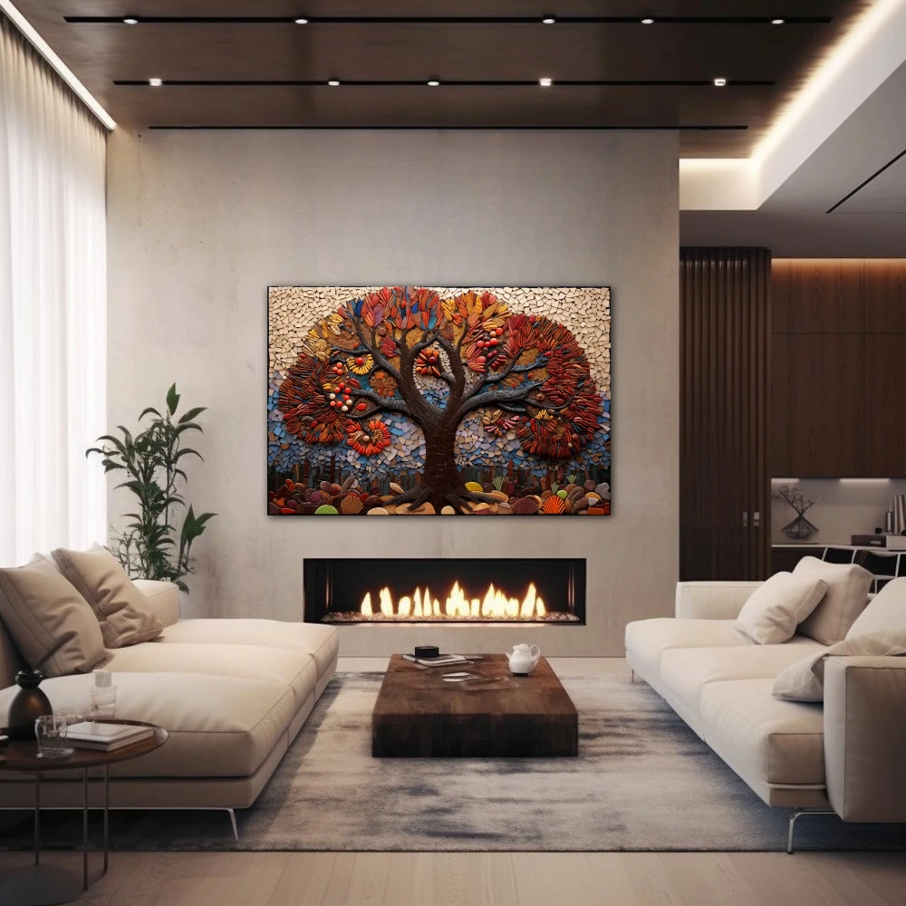 Wall Art titled: The Roots of Existence in a Horizontal format with: Brown, Red, and Beige Colors; Decoration the Fireplace wall