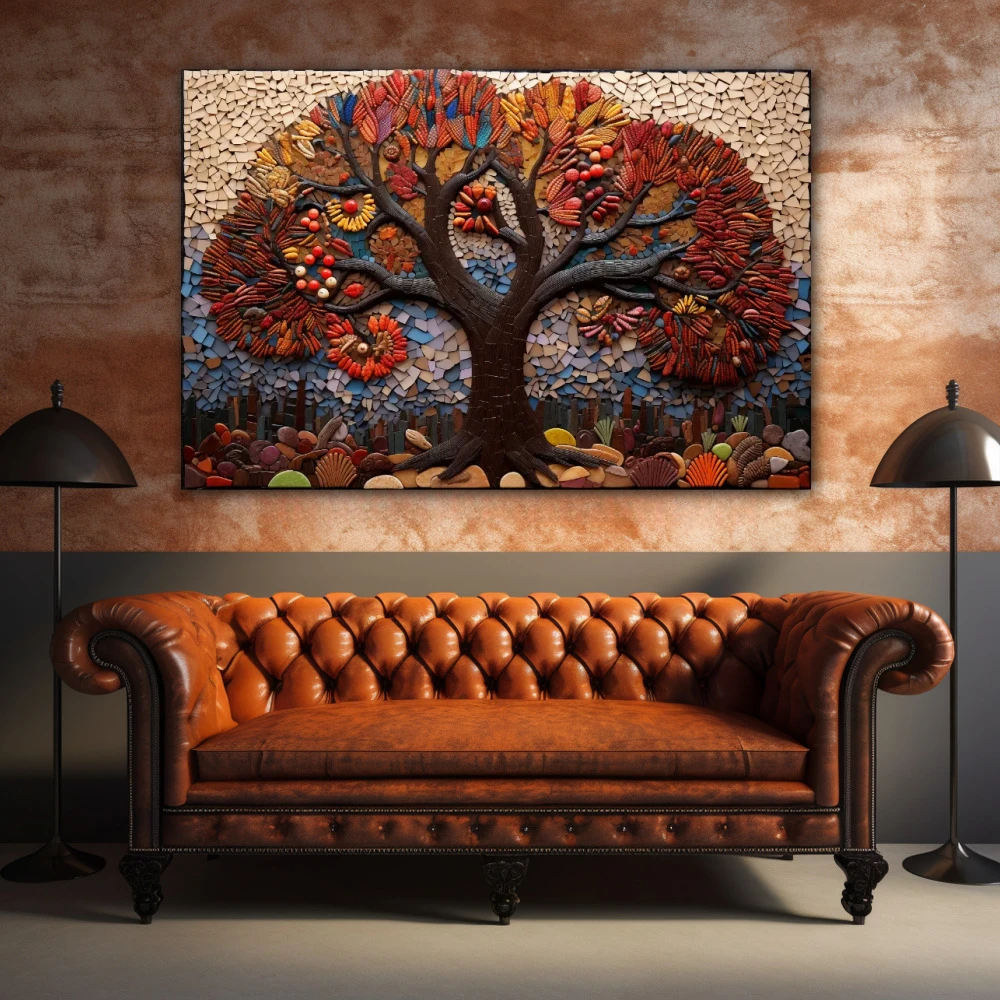 Cuadro las raíces de la existencia en formato horizontal con colores marrón, rojo, beige; decorando pared de encima del sofá