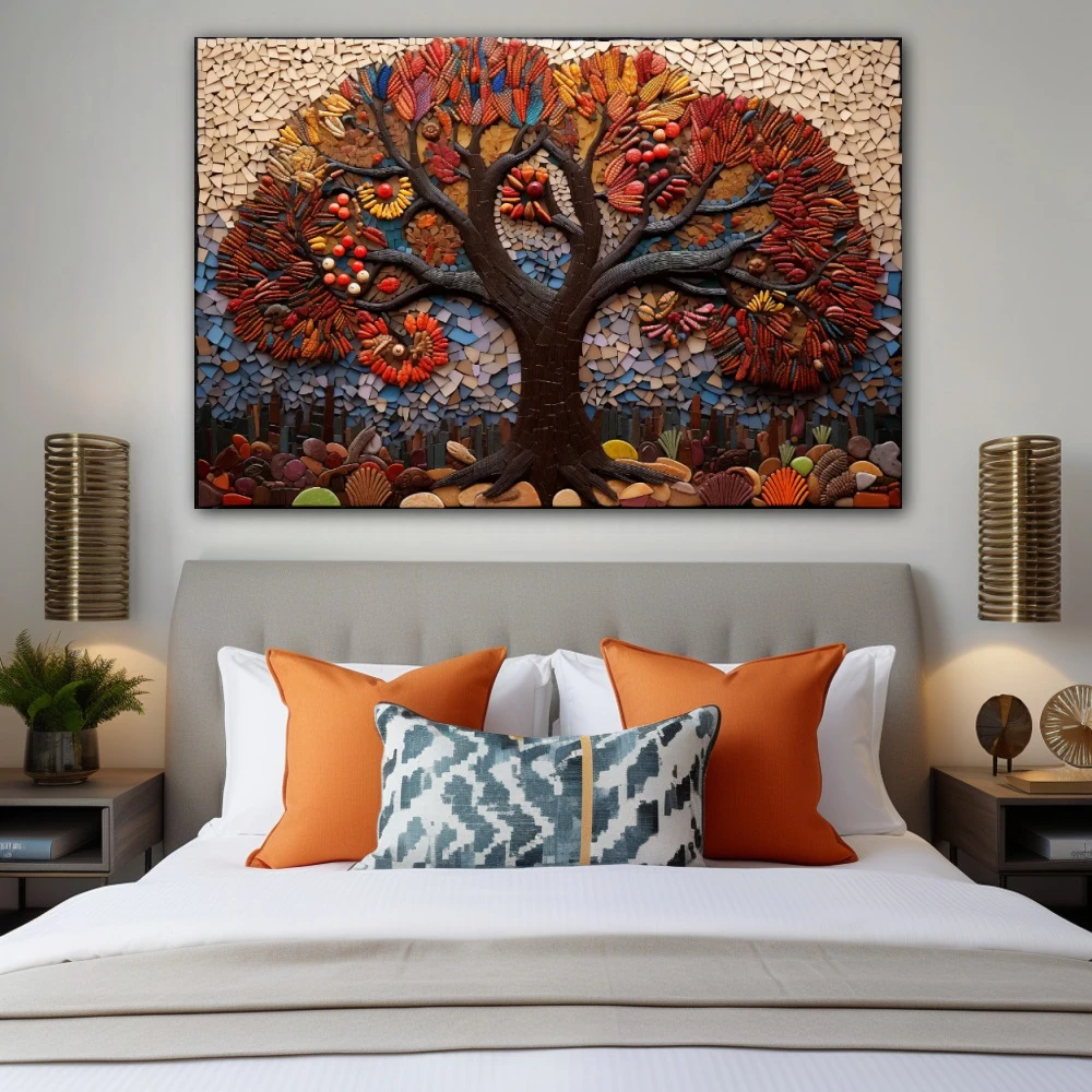 Cuadro las raíces de la existencia en formato horizontal con colores marrón, rojo, beige; decorando pared de habitación dormitorio