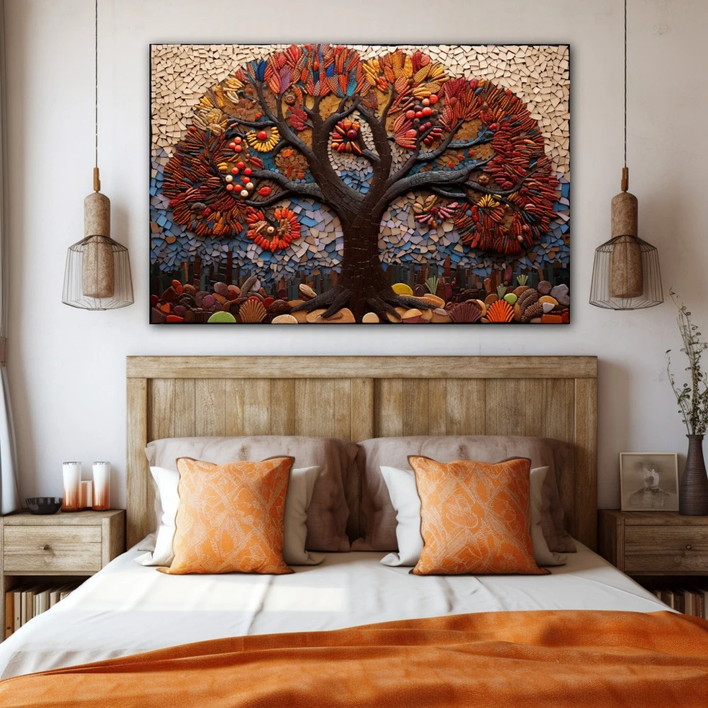 Cuadro las raíces de la existencia en formato horizontal con colores marrón, rojo, beige; decorando pared de habitación dormitorio