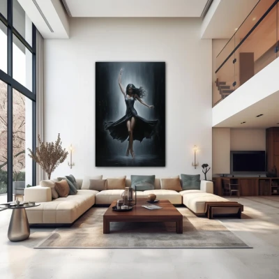 Wall Art titled: Sensuality in Motion in a Vertical format with: Grey, Black, and Monochromatic Colors; Decoration the Above Couch wall