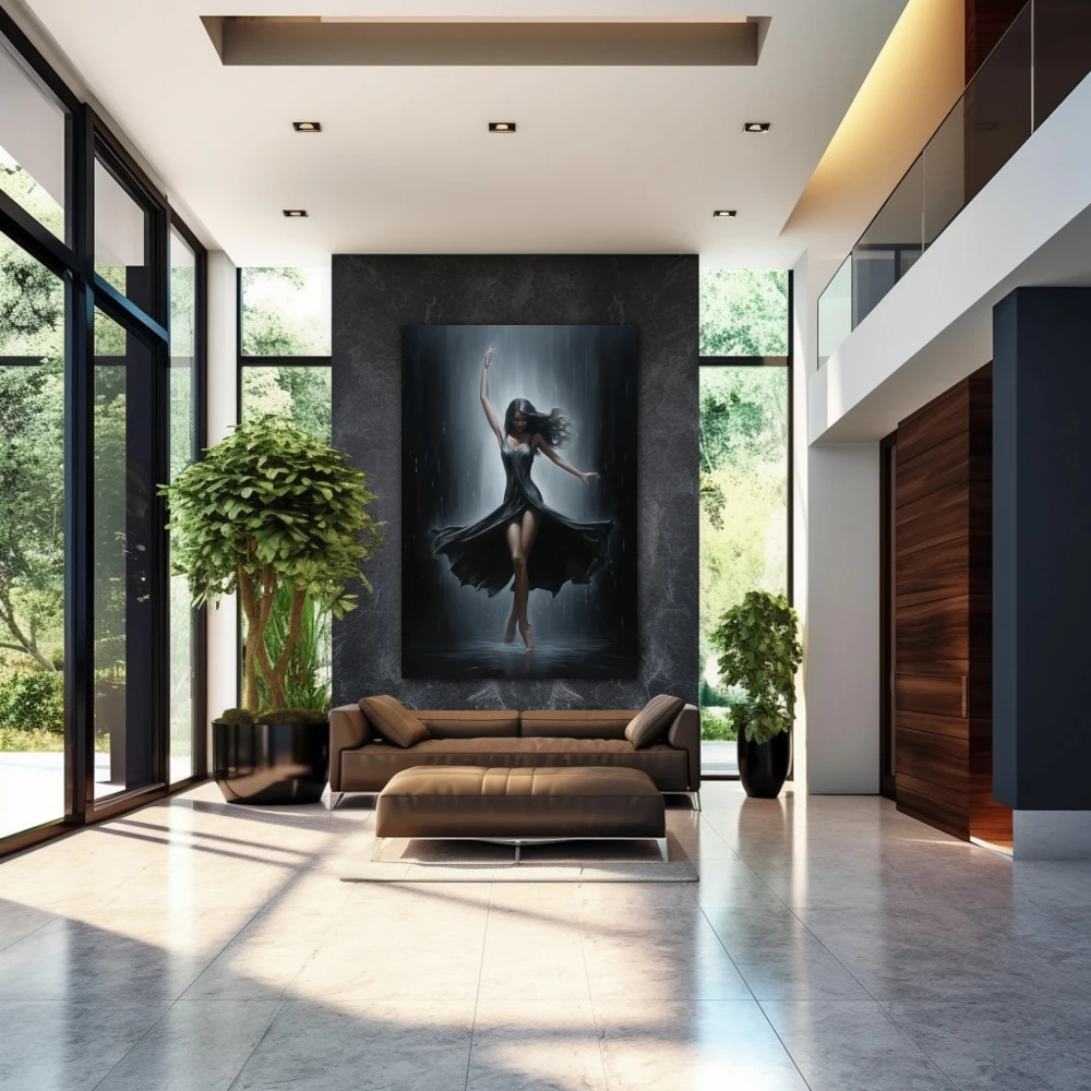 Cuadro sensualidad en movimiento en formato vertical con colores gris, negro, monocromático; decorando pared de entrada y recibidor