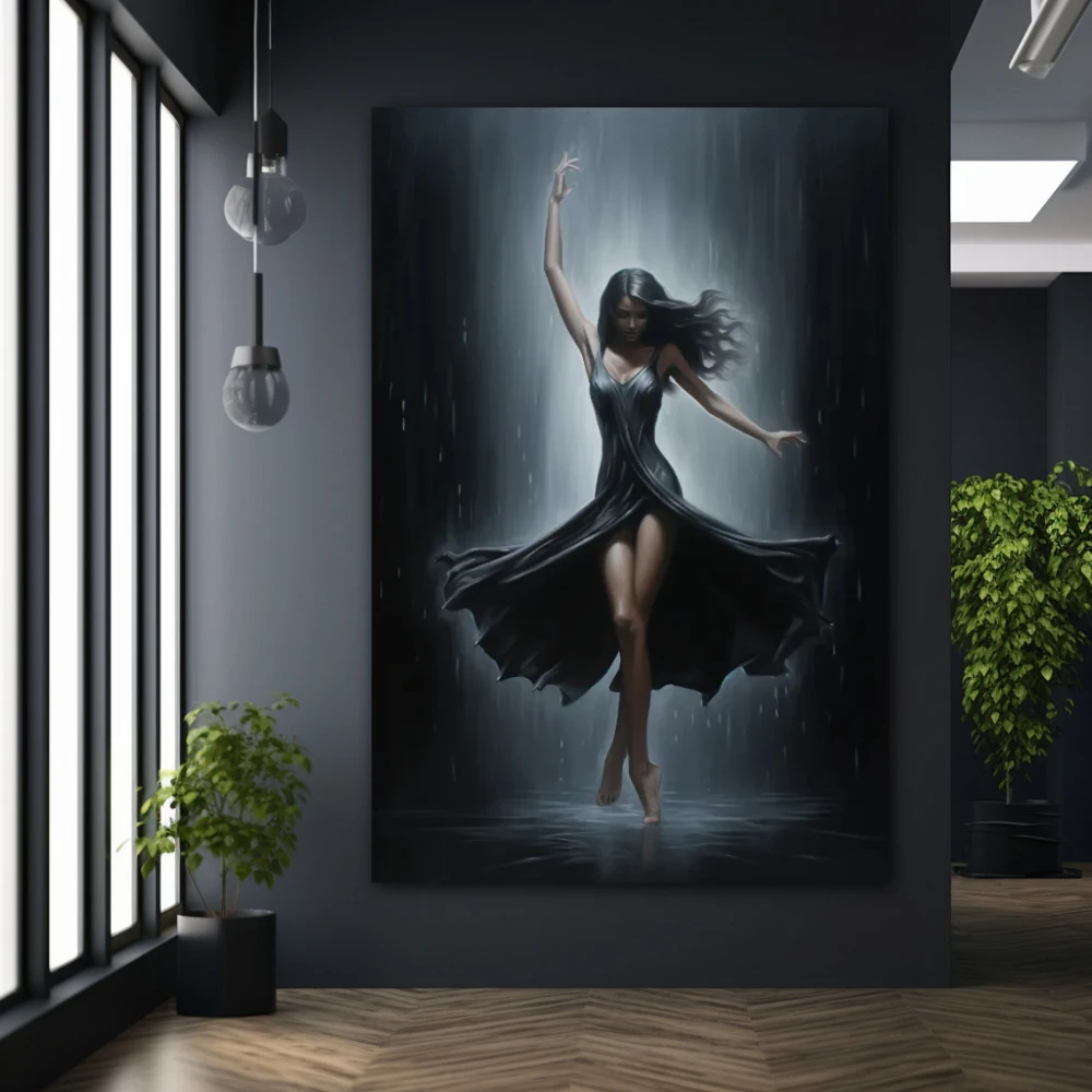 Cuadro sensualidad en movimiento en formato vertical con colores gris, negro, monocromático; decorando pared negra