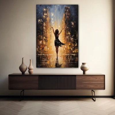 Wall Art titled: Everything in the Universe Has Rhythm in a  format with: Yellow, Golden, and Black Colors; Decoration the Sideboard wall