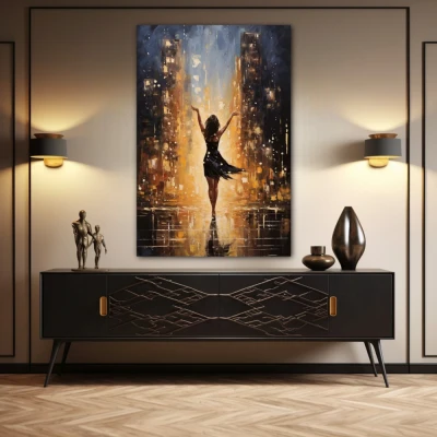 Wall Art titled: Everything in the Universe Has Rhythm in a  format with: Yellow, Golden, and Black Colors; Decoration the Sideboard wall