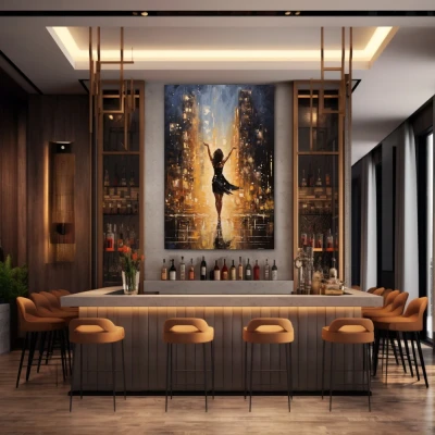 Wall Art titled: Everything in the Universe Has Rhythm in a Vertical format with: Yellow, Golden, and Black Colors; Decoration the Bar wall