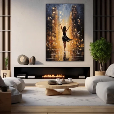 Wall Art titled: Everything in the Universe Has Rhythm in a Vertical format with: Yellow, Golden, and Black Colors; Decoration the Fireplace wall