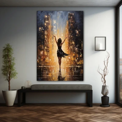 Wall Art titled: Everything in the Universe Has Rhythm in a  format with: Yellow, Golden, and Black Colors; Decoration the Grey Walls wall