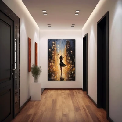 Wall Art titled: Everything in the Universe Has Rhythm in a Vertical format with: Yellow, Golden, and Black Colors; Decoration the Hallway wall