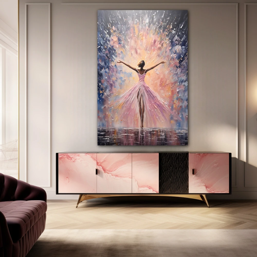 Wall Art titled: Music is an explosion of the soul in a Vertical format with: Grey, Pink, and Pastel Colors; Decoration the Sideboard wall