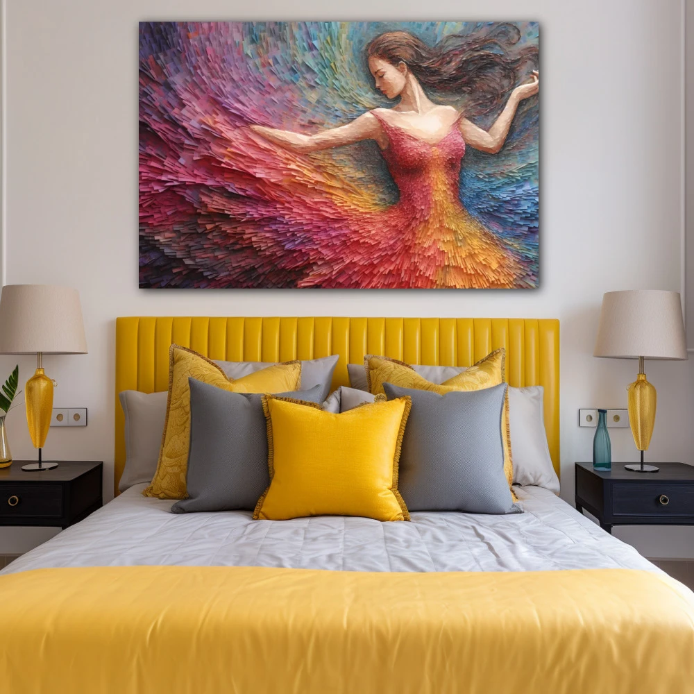 Cuadro la música es la poesía del aire en formato horizontal con colores amarillo, celeste; decorando pared de habitación dormitorio