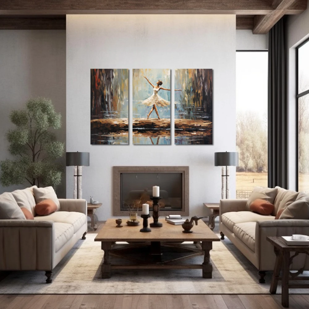 Wall Art titled: The Dance of a Silent Melody in a Horizontal format with: white, Brown, and Black Colors; Decoration the Fireplace wall
