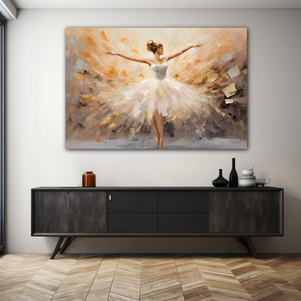 Wall Art titled: Dance Under a Rain of Emotions in a Horizontal format with: Brown, Beige, and Pastel Colors; Decoration the Sideboard wall