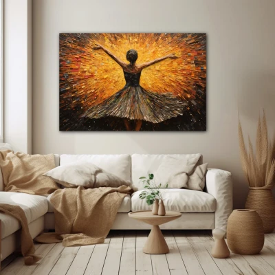 Wall Art titled: Dance with Passion and Freedom in a Horizontal format with: Yellow, and Brown Colors; Decoration the Beige Wall wall